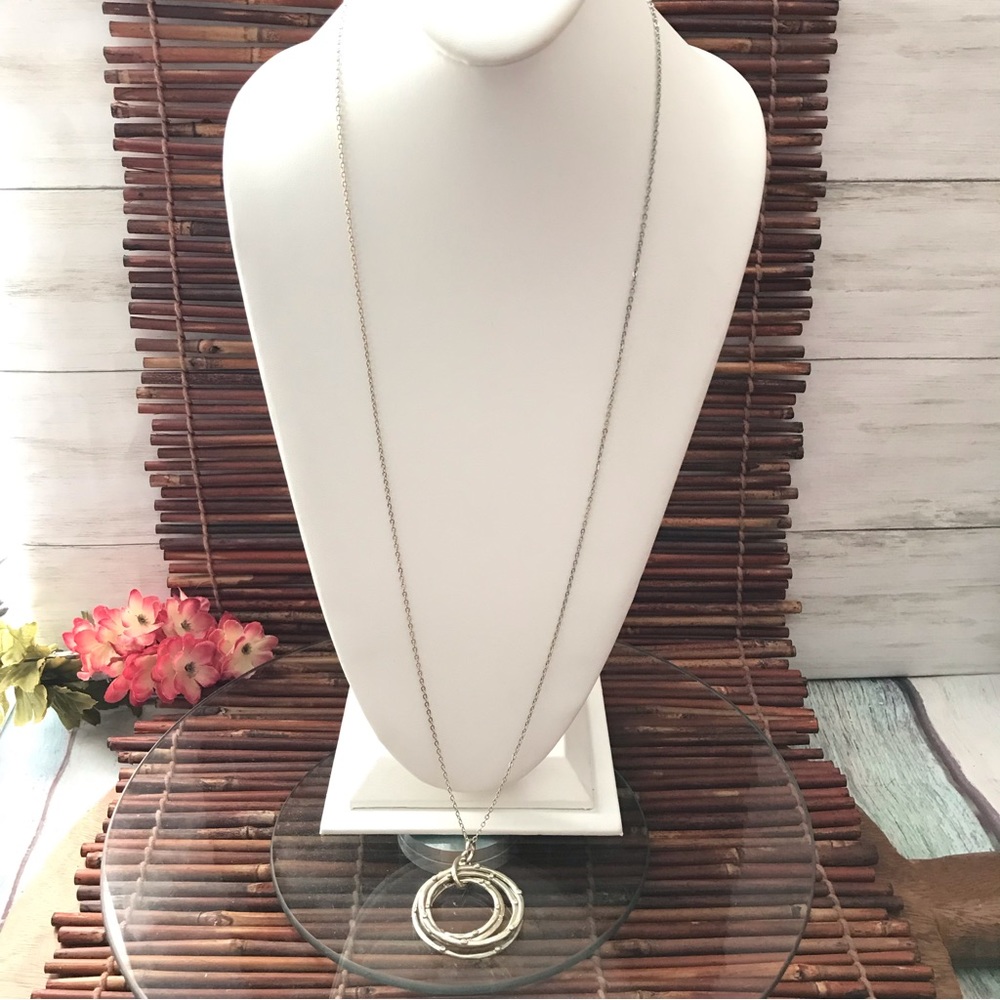 Loft Circular Pendant Long Silver Tone Necklace